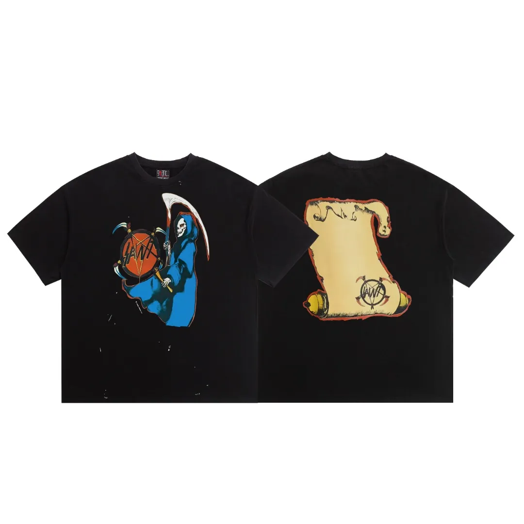 Saint Michael's trendy "HIRTH AND DEATH" evil life and death curse printed washed short-sleeved loose T-shirt. Digital white ink direct printing. The fabric is breathable and the pattern is three-dimensional and clear. Fabric: Double yarn 240g Style number: S990 Size: S-M-L-XL Color: Washed black Price: P118